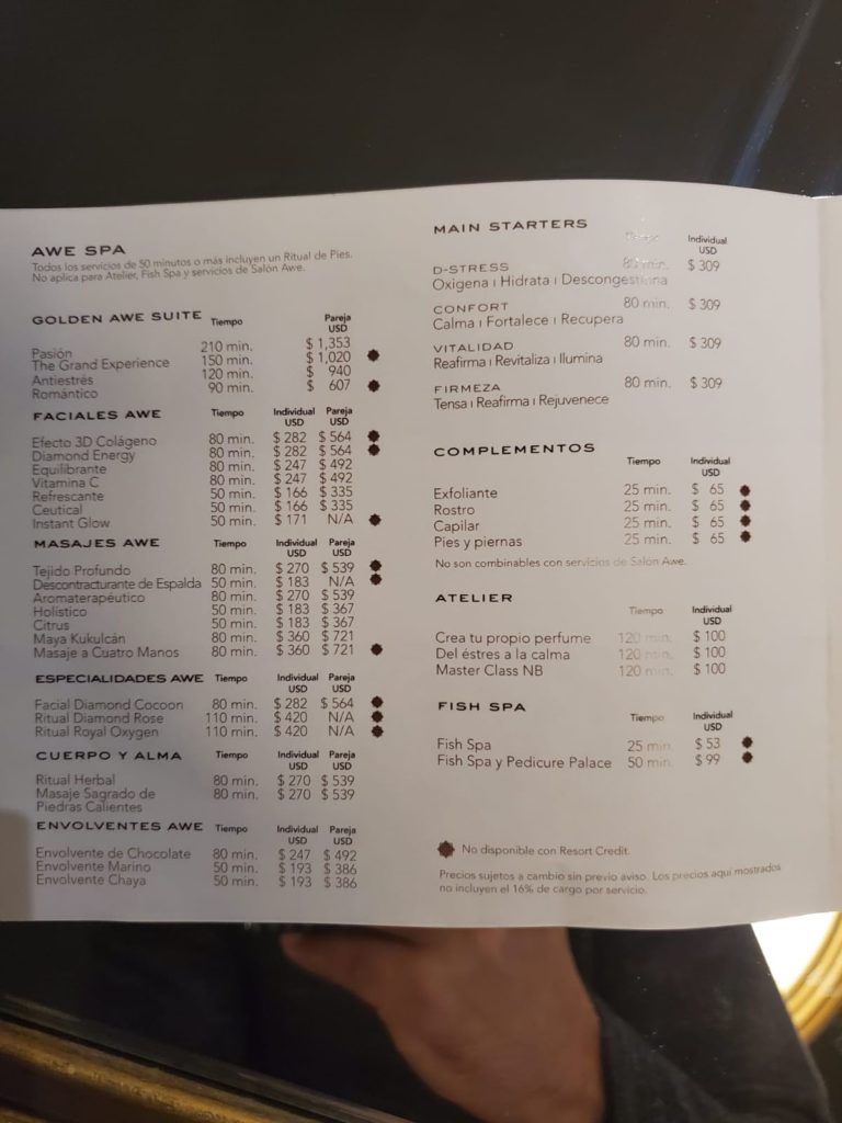 awe spa service menu at the grand moon palace